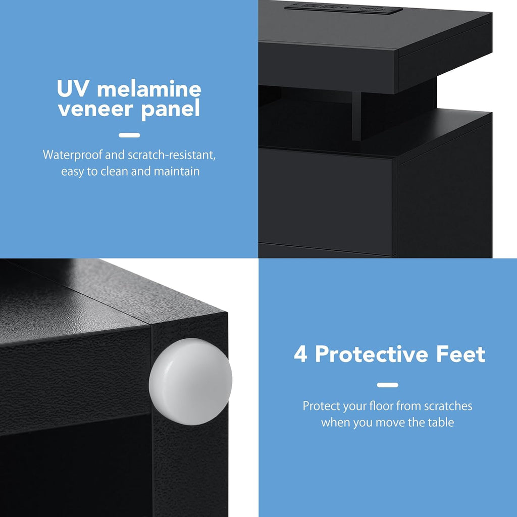 LED Nightstand with Wireless Charging Station & USB Ports, Modern Bedside Table, 3 Drawer Black Night Stand with Open