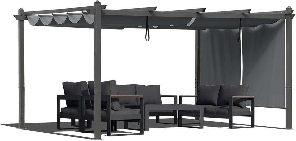 12x14 FT Outdoor Pergola - Retractable Shade Canopy with Aluminum Frame & Roller Shade Curtains for Patio