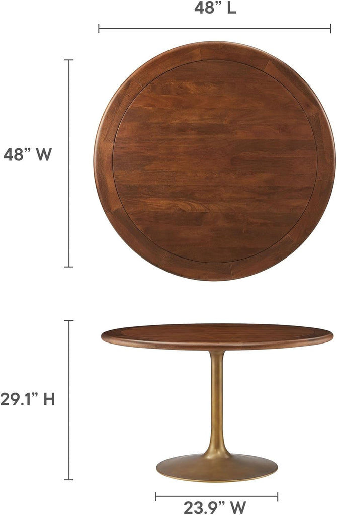 Inspired Saarinen Style Tulip Round Pedestal Dining Table — Brass Base / Walnut Top, 48″ Round