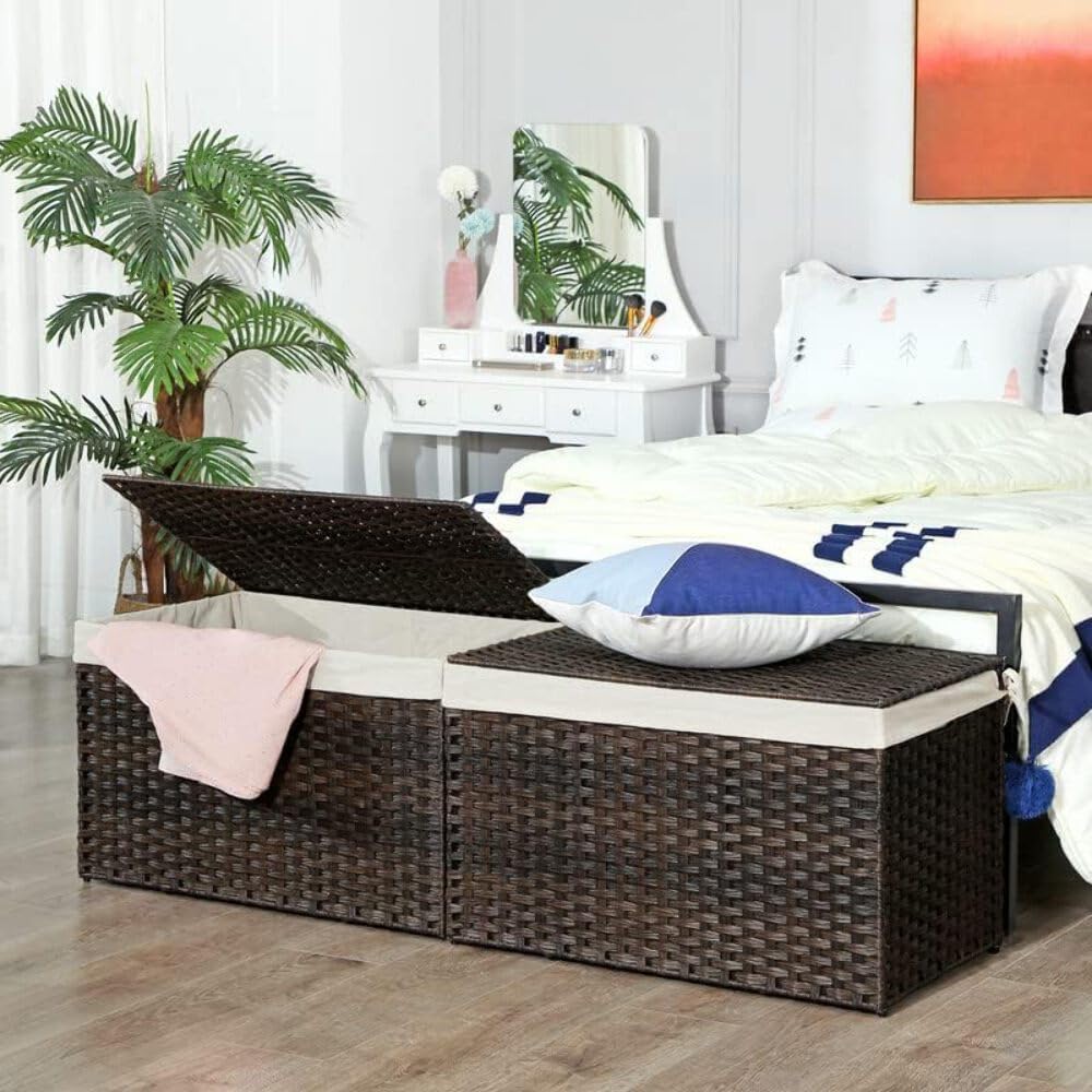 Storage Basket with Lid, Woven Blanket Storage Bin with Handles, Foldable, Removable Liner, Metal Frame, Laundry