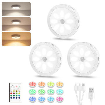 3PACK Rechargeable Puck Lights with Remote Motion Sensor Light indoor White
