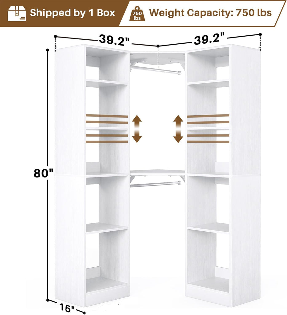 Corner Closet System with 12 Shelves, 39.2" Corner Closet Organizer | Corner Closet Tower with 2 Hanging Rods