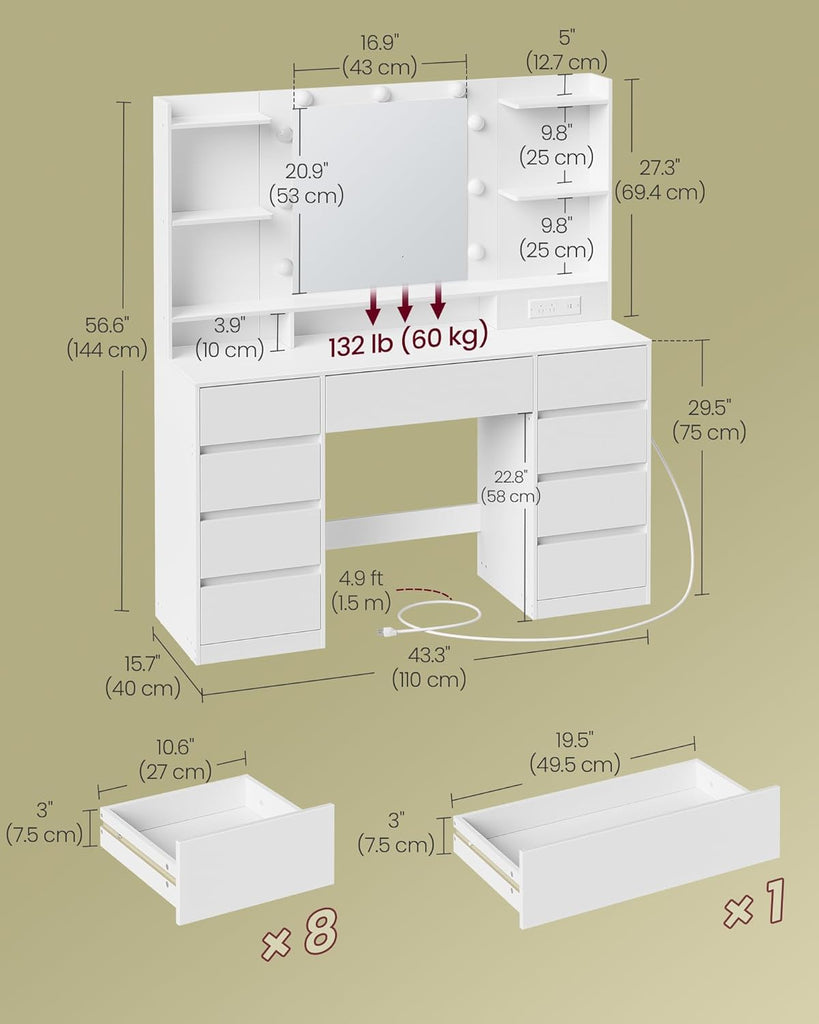 Collection - Vanity Desk with Mirror and 9 LED Bulbs, Modern Vanity Makeup Table with Power Outlets, Dressing Table