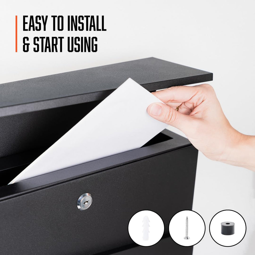 Modern Wall Mounted Outdoor Mailbox - 14" x 14" Black Galvanized Steel Mailbox with Newspaper Holder & 2 Security Keys