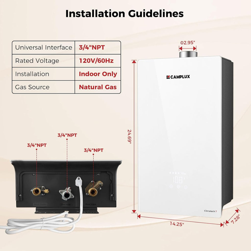 Climatech 7 170, 000 BTU(Real Data) Tankless Water Heater Gas, 6.86 GPM(Up to 7.6 GPM)
