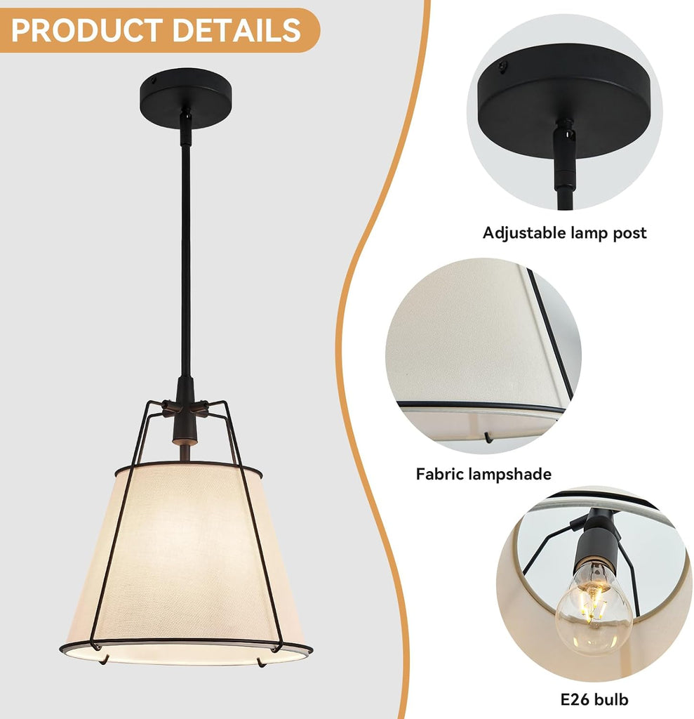 Modern Pendant Light Fixtures with 12" White Linen Fabric Shade, Adjustable Hanging Light Fixture,Drum Black Vintage