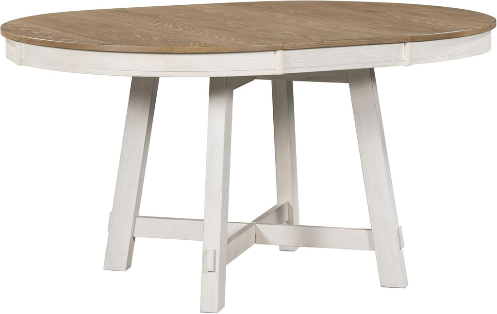 42"-58" Farmhouse Extendable Dining Table for 4-6, Solid Wood Round Dining Table with 16" Leaf & X-Shaped Base