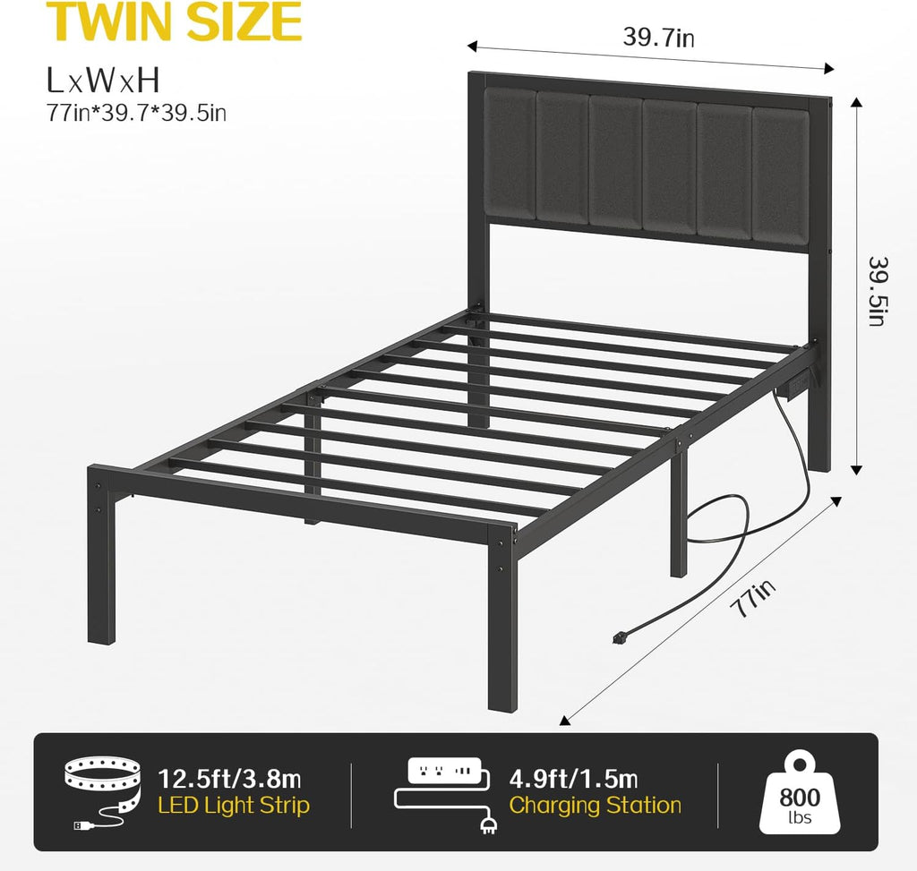 Twin Bed Frame with Headboard Metal Platform Bed Twin with USB Charging Station and LED Lights, No Box Spring Needed