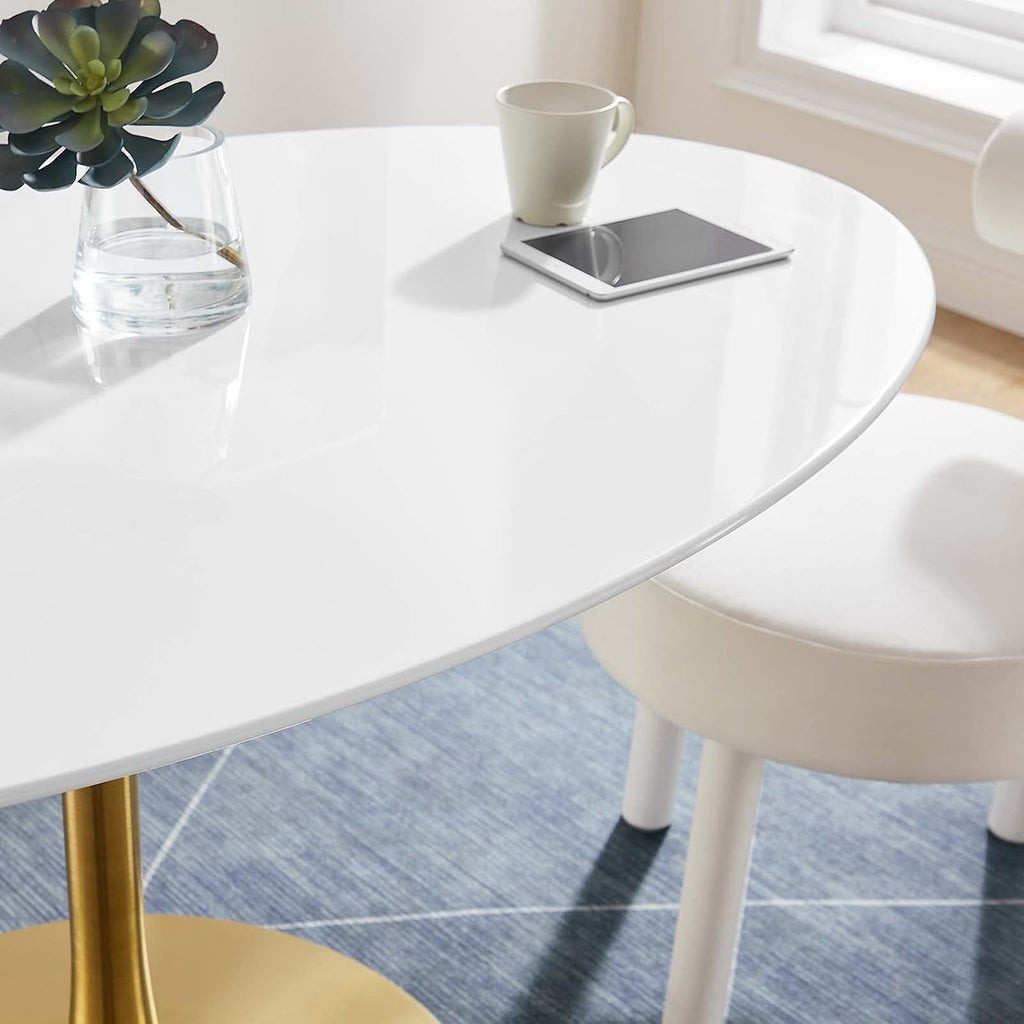 Inspired Saarinen Style Tulip Oval Pedestal Dining Table — Gold Base / White Top, 60″ Oval