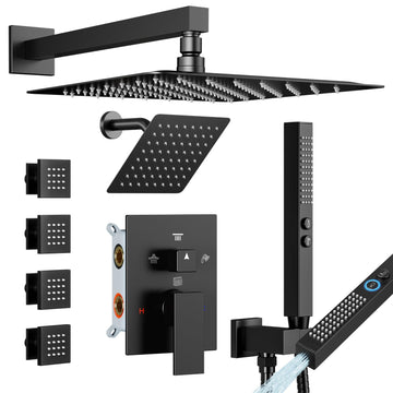 Shower Faucet Sets Matte Black Shower System, 4 Way 12+6" Dual Head Shower Set Complete with 2 in 1 Handheld,Wall