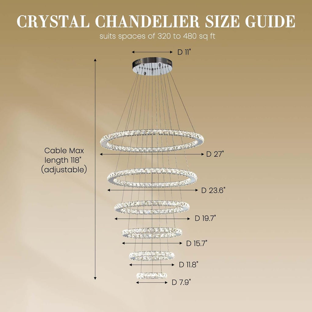 Modern Crystal Chandelier Lighting, 6 Ring Chandelier LED Ceiling Lights Fixtures with 3-Color, High Ceiling Foyer Chandeliers for Living Room Dining Room Staircase, D8-12-16-20-24"-28"