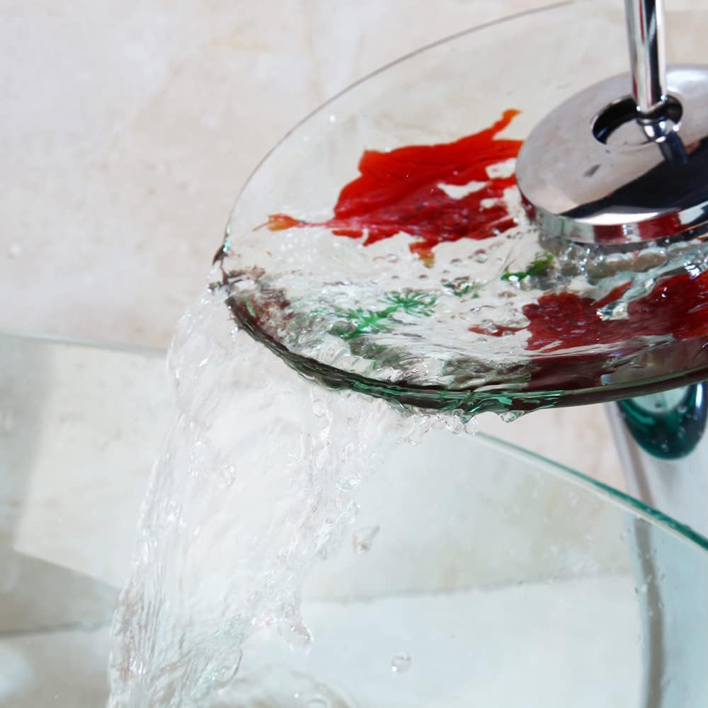 Clear Bathroom Sink Hand Painting Gold Fish Tempered Glass Vessel Sink Basin with Waterfall Faucet and Drain