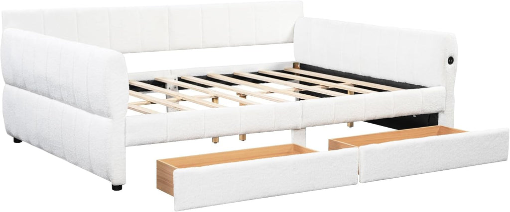 Queen daybed with USB, Queen Corner Bed with Two Drawers, Upholstered Bed Frame for Kids,Teens,Adults, Lambswool