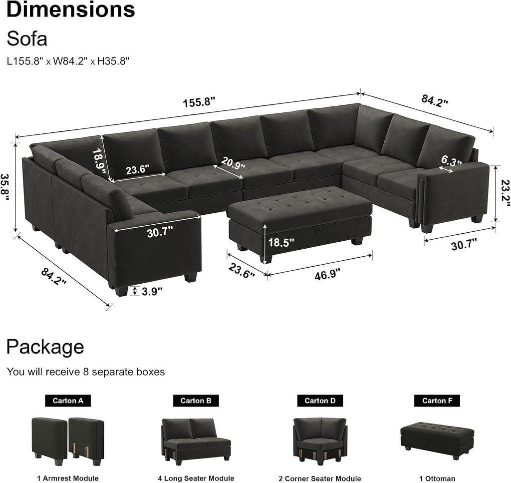 Oversized Modular Sectional Sofa U Shaped Sofa with Storage Ottoman Convertible 10-Seater Velvet Sectional Sofa with