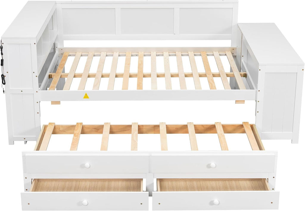 Full Size Daybed with Storage Shelves,Drawers,Trundle,Charging Station,LED Light,Desk and Cabinet, White