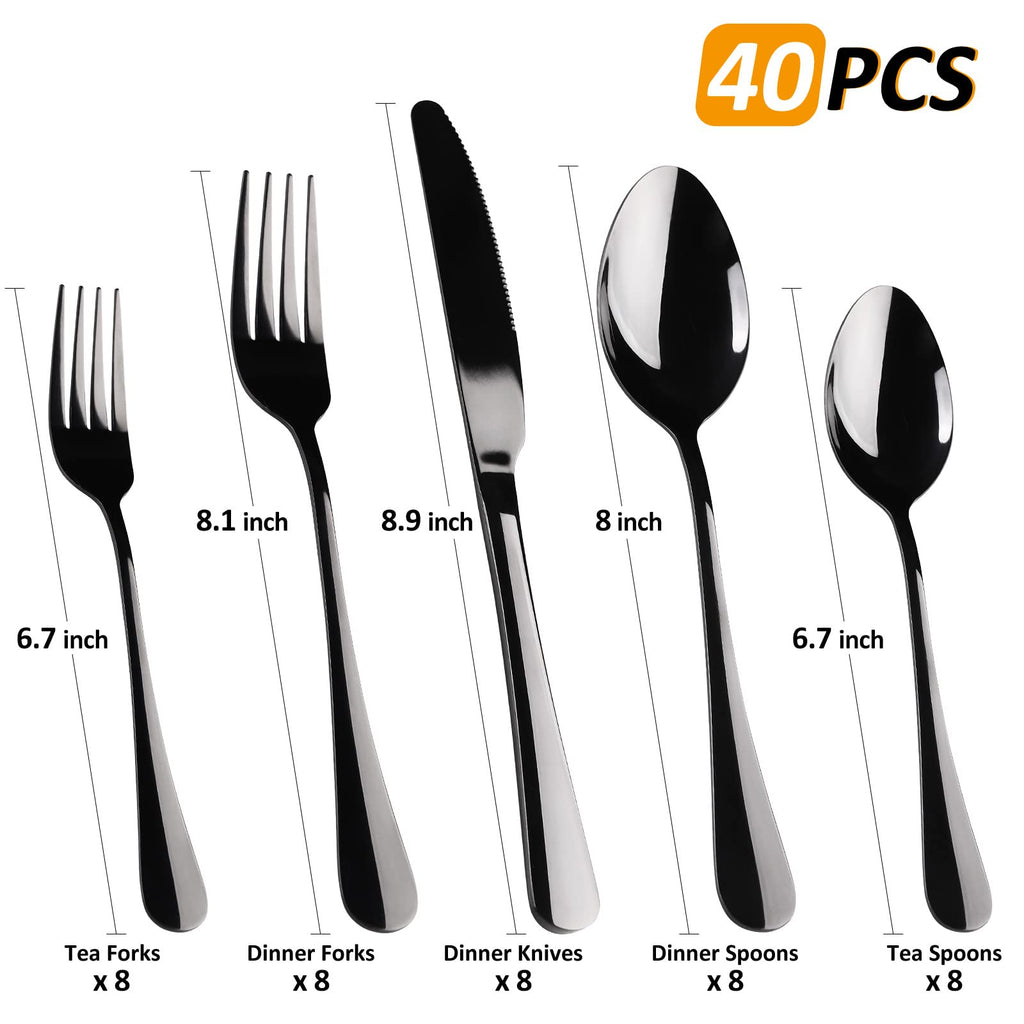 Black Flatware Set for 8, 40-Piece Silverware Set for 8, Utensil Sets Tableware Cutlery, Mirror Polished, Dishwasher