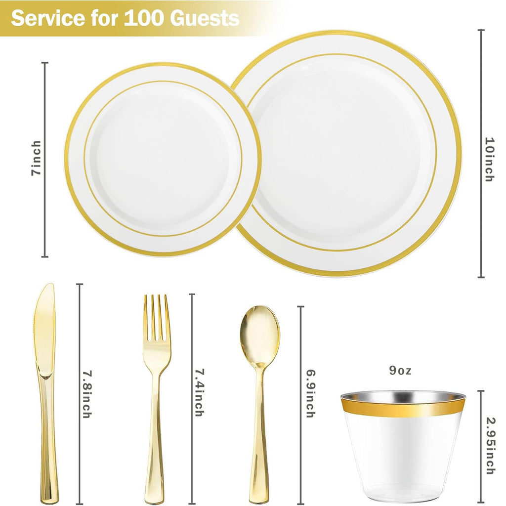 White and Gold Plastic Plates, Disposable Dinnerware Set
