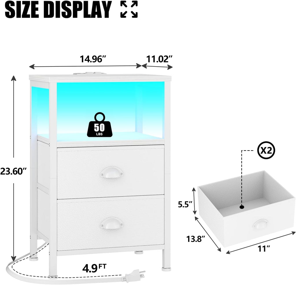 Nightstands Set of 2, End Tables Set of 2 with Charging Station and LED Lights, White Night Stands with 2 Fabric