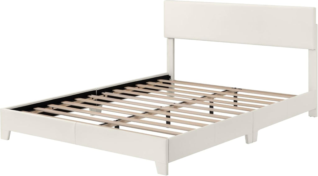 Full Bed Frame with Adjustable Headboard, Faux Leather Platform Bed with Wood Slats, Heavy Duty Mattress Foundation