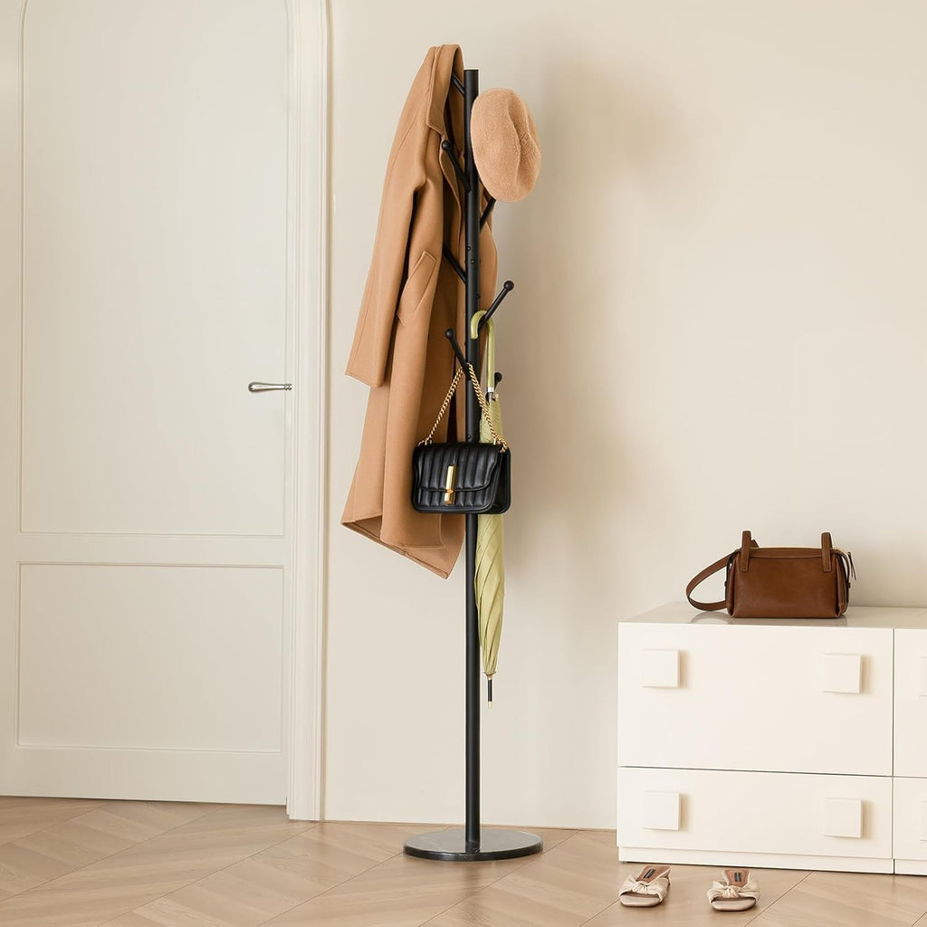 Coat Rack Freestanding with Natural Marble Base - Coat Tree with 8 Hooks Heavy Duty Coat Hanger Stand, Metal Coat