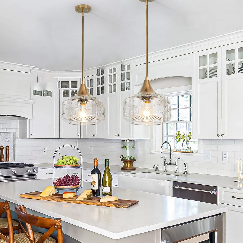 Vintage Gold Pendant Light with Clear Glass, Adjustable Kitchen Pendant Lighting over Island, Brushed Pendant Lights