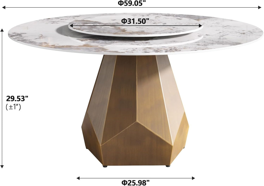 59" Modern Artificial Marble Round Dining Table with Antique Brass Metal Base & 31.5" White Sintered Stone Turntable