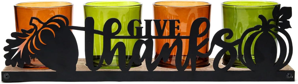 Thanksgiving Centerpieces Glass Tealight Votive Candle Holder Include 1 Candle Tray & 4 Candle Holders Fall - Set of 5