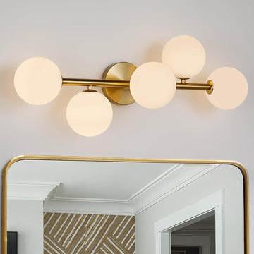 Modern Bathroom Vanity Light Fixtures,LED Brushed Gold Wall Sconce Lighting | 5 Lights Milk Glass Globe Vanity