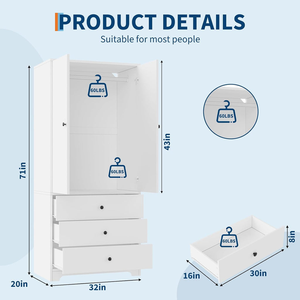 71" Armoire Wardrobe Closet, Bedroom Armoire Clothing Storage Cabinet | 3 Drawers & 2 Doors and Adjustable Shelves