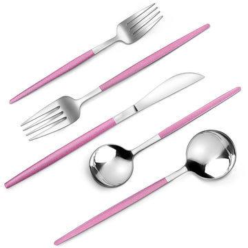 Mirror Silver Rosy Silverware Set, 20-Piece Stainless Steel Flatware Set, Satin Finish tableware Cutlery Set, Service