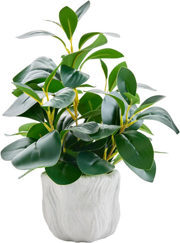 14" Artificial Potted Plant with Thick Leaves in White Textured Pot | Realistic Thick Leaves , Compact Desk & Shelf