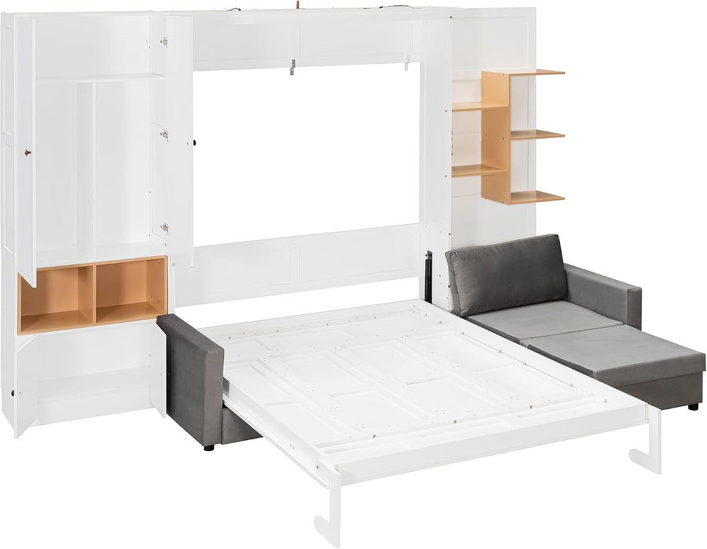Queen Murphy Bed with Large Sofa, Storage Shelves & Cabinets, Modern Space-Saving Wall Bed with Dual Lights, White+Gray