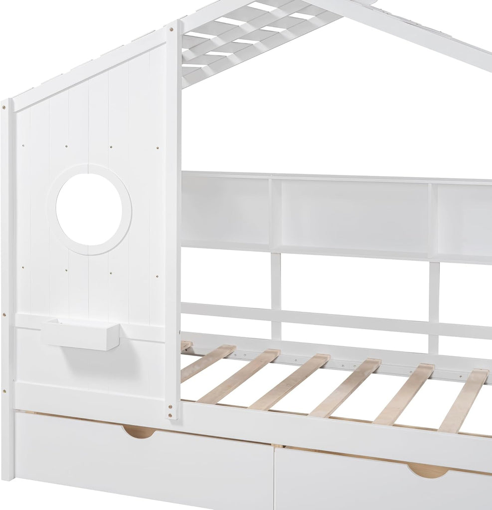 Twin Size House Bed with Storage Drawers,Kids House Bed Frame with Shelves,Cute Wood House Bed Twin with Roof for