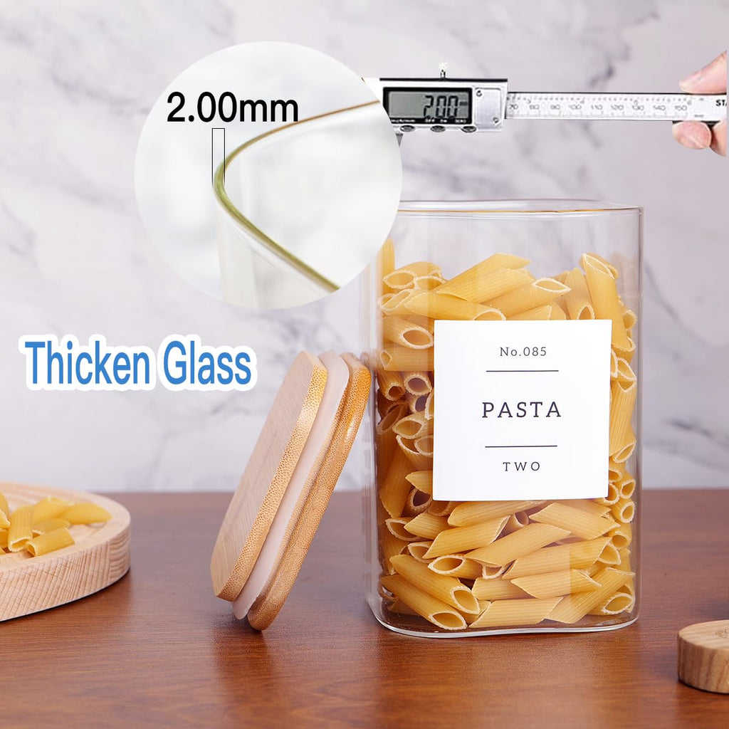 6 Pack Square Kitchen Storage Jars with Airtight Bamboo Lids and 132 Pantry Labels - 35oz Glass Canisters With Wood