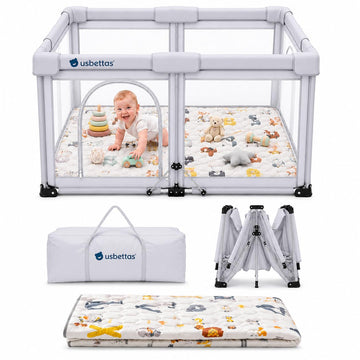 Foldable Baby Playpen with Mat, 50"x50", Light Gray