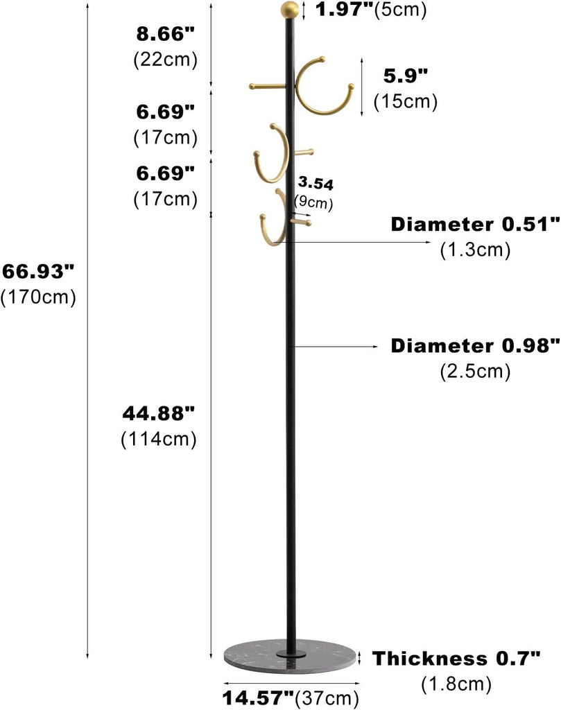 Coat Rack Freestanding Corner Coat Tree Hat Rack Stand with Heavy duty Marble Base & 6 Hooks , Hotel, Office 14.57"x
