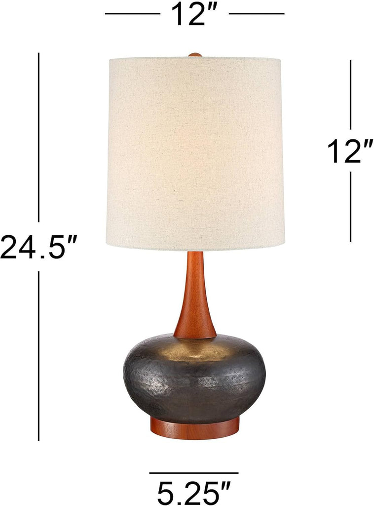 Andi Mid Century Modern Table Lamp 24.5" High Hammered Bronze Ceramic Wood Off White Tall Drum Shade Bedroom House