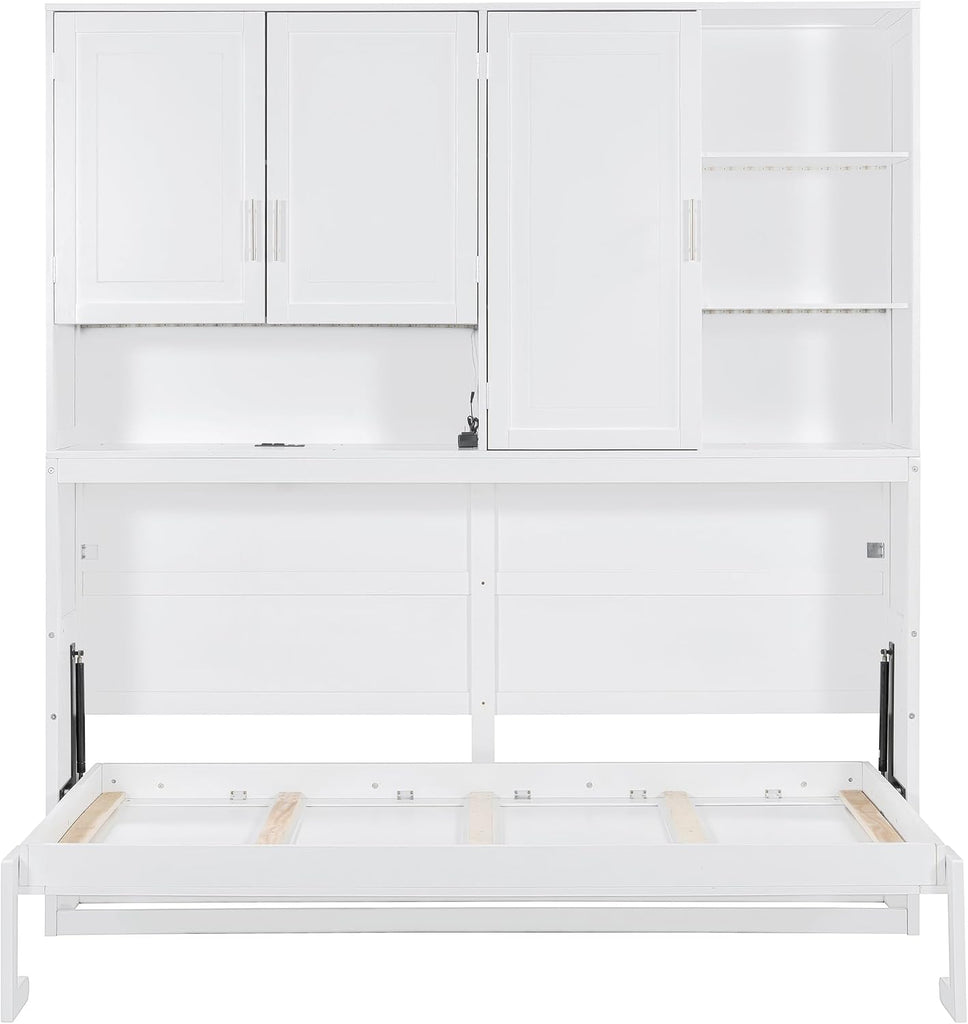 Twin Murphy Bed with Storage Bookcase and Shelves, Space-Saving Horizontal Wall Bed with LED Light & Charging