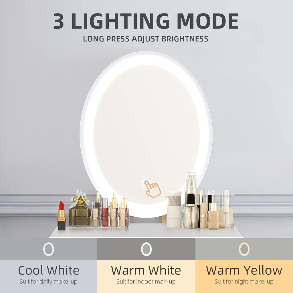Makeup Vanity Table Set with 3 Modes Adjustable Lighted Mirror Cushioned Stool, Dressing Table for Small Space | 3