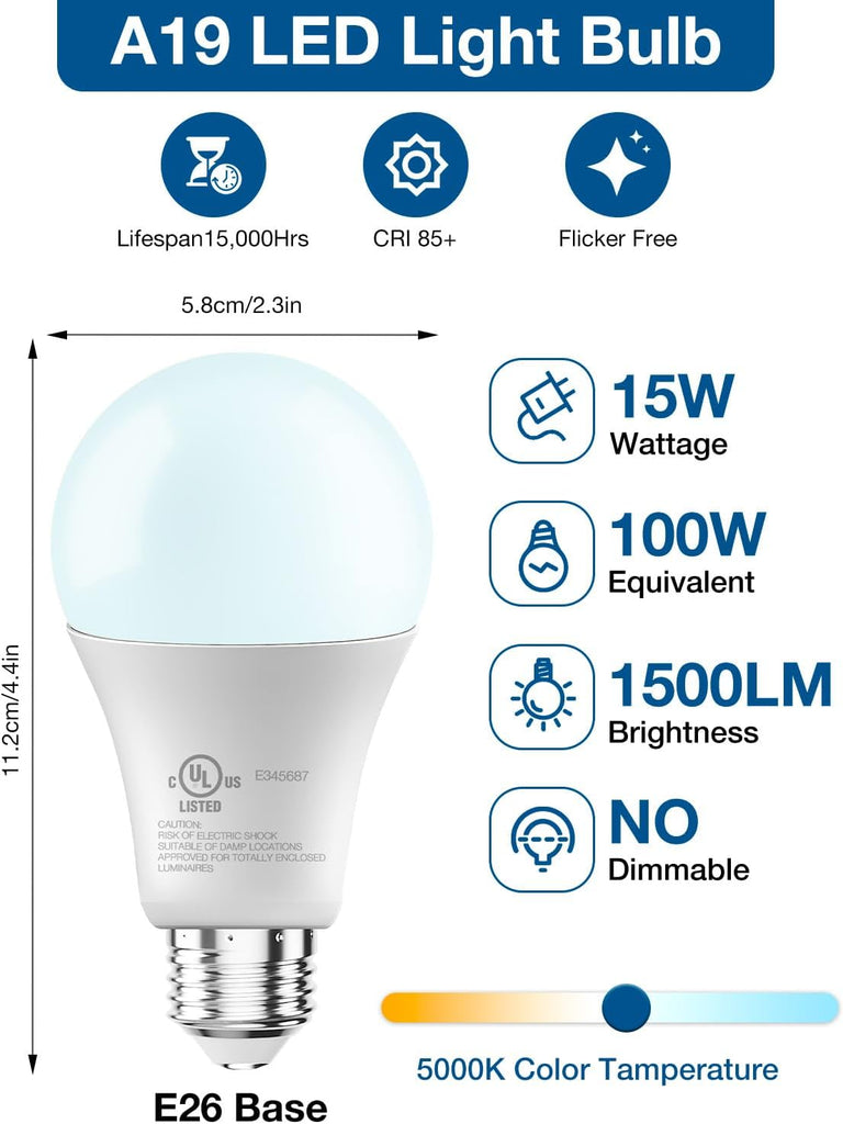 LED Light Bulbs, A19 5000K Daylight Light Bulbs 100 Watt Equivalent, 1500LM Bright White Light Bulbs, E26 Standard (12 Pack)