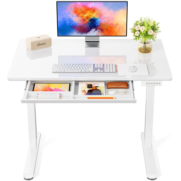Glass Standing Desk with Drawer 37 x 22 Inches Stand up Desk Standing Desk Adjustable Height with One-Piece Tempered
