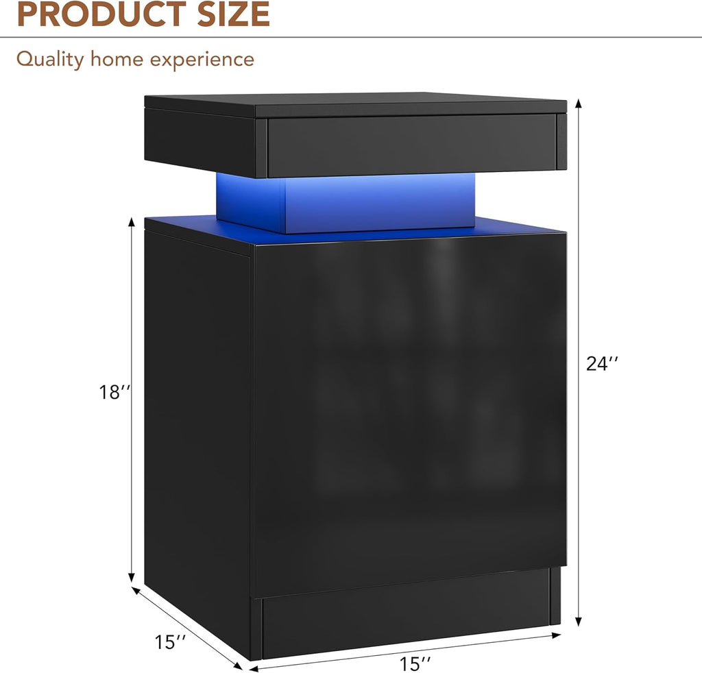 Nightstands Set 2, 15 Inches LED Night Stand Set of 2, Modern Bedside Table with LED Lights, High Gloss Surface, End