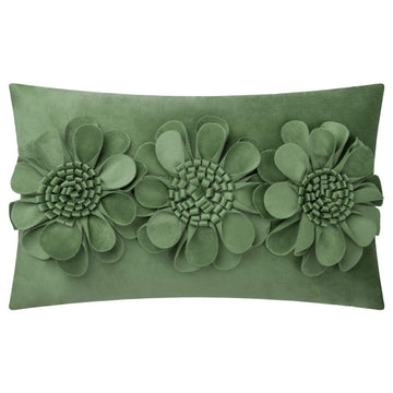 3D Flower Throw Pillow Cover Green Velvet 12x20 Inches
