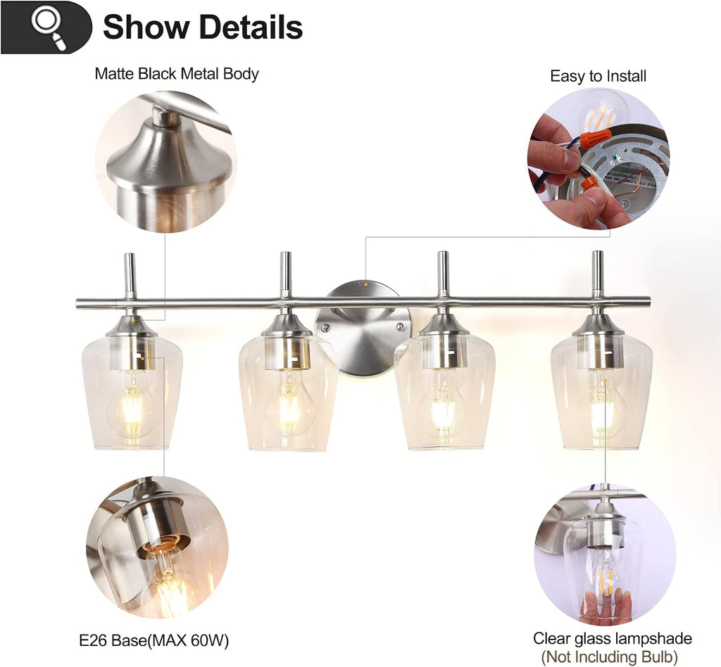 Bathroom Light Fixtures 4-Light Brushed Nickel Vanity Light | Win Glass Clear Shade, Modern Wall Lights Bedroom