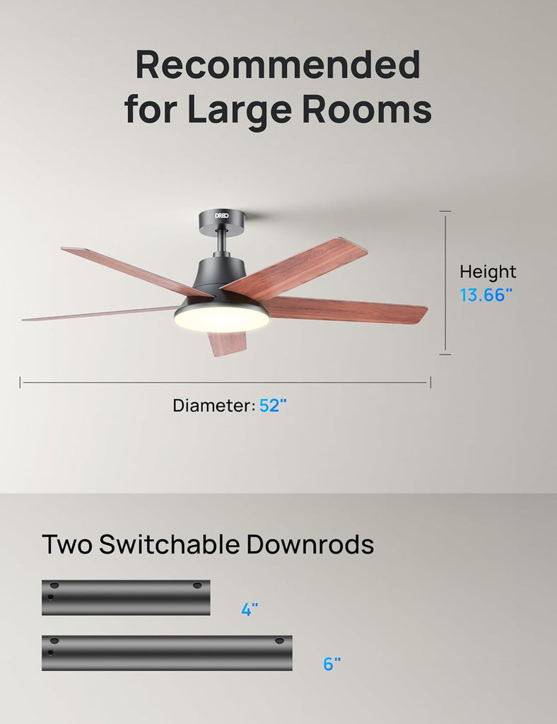 Smart Ceiling Fan with Lights, 52 Inch, 12 Speeds & 3 Fan Modes, Stepless, Dimmable LED Light, Timer