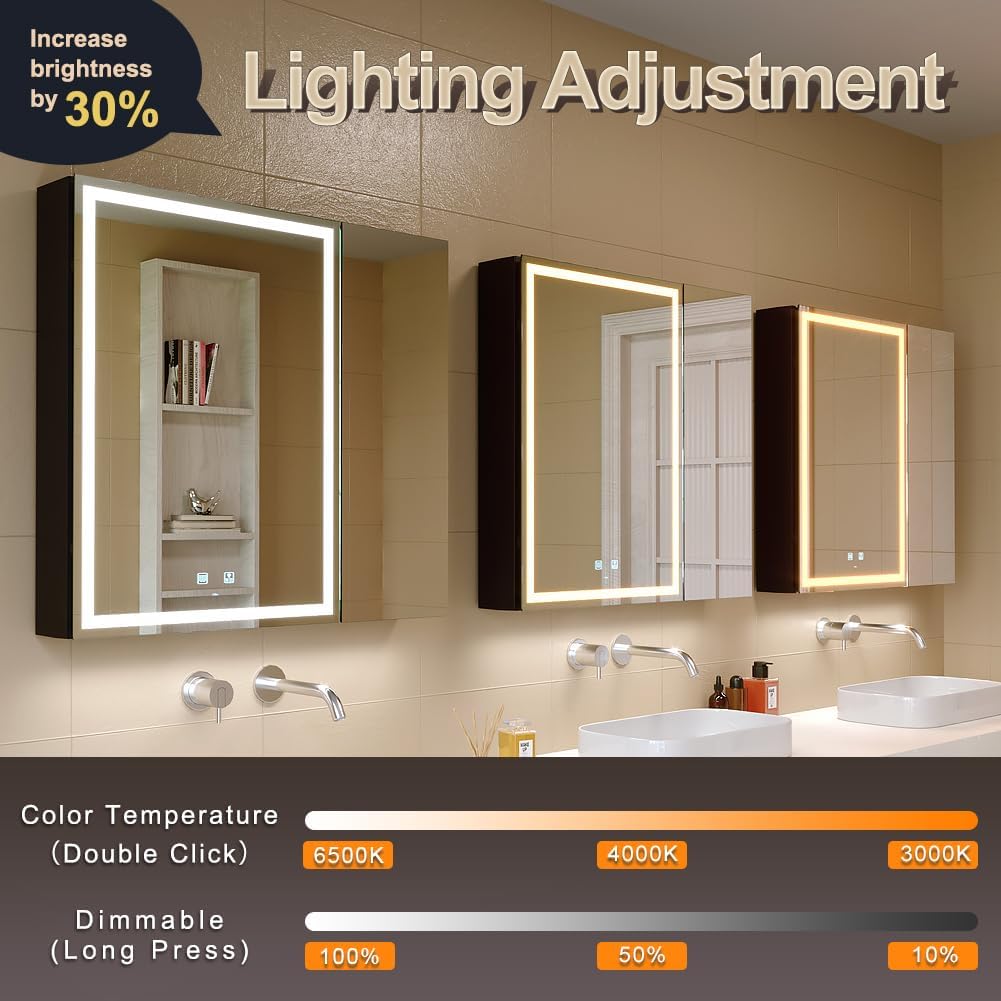 KWW 30x28 Inch Aluminum LED Bathroom Mirror Cabinet with Backlit Panel