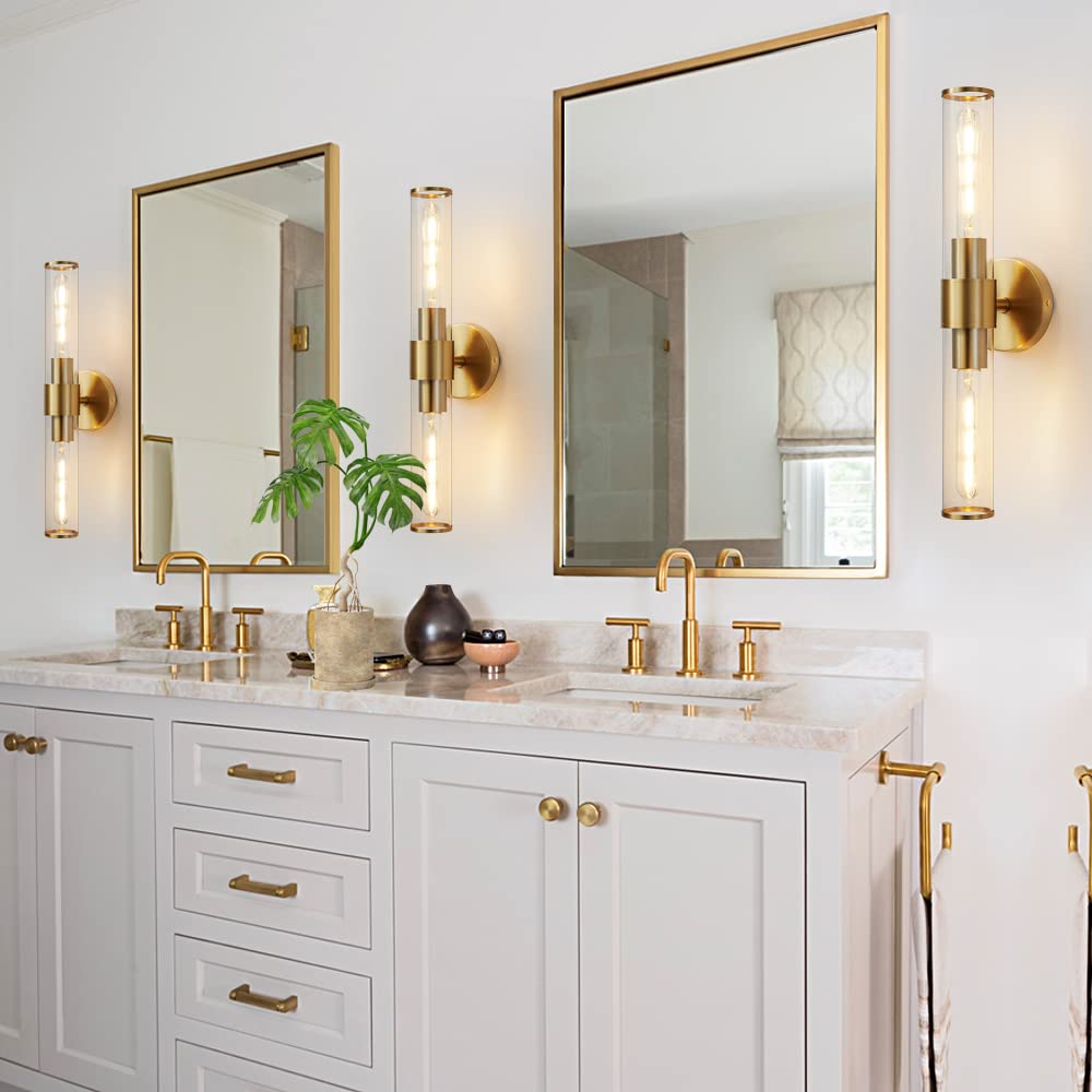 Hardwired Gold Bathroom Vanity Light Clear Glass Wall Sconce