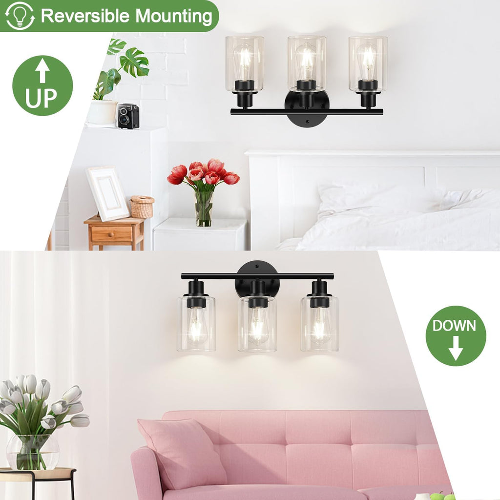 3-Light Bathroom Light Fixtures, 17.23" Black Modern Vanity Lights with Clear Glass Shade, Bathroom Wall Lamp for