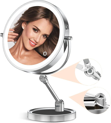 Tabletop Makeup Mirror with Built-in Vanity Tray, 9" Rechargeable 4000mAh Lighted Vanity Mirror 1X/10X Magnification