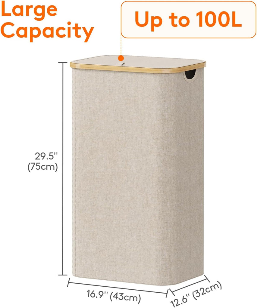 100L Laundry Basket with Lid, Clothes Hampers for Laundry with Bamboo Handles and 1 Removable Bag, Large Foldable
